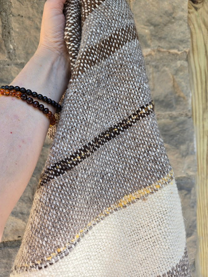 Handwoven shawl with handspun wool cream, oatmeal, gold, natural 