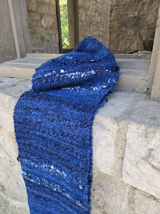 Handwoven scarf, deep blue and indigo shades, handspun wool