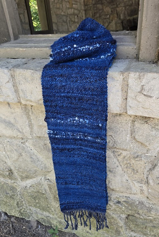 Handwoven scarf, deep blue and indigo shades, handspun wool