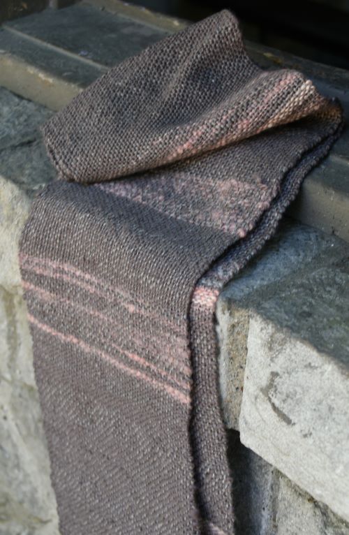 Cozy handwoven scarf features soft merino wool in subtle shades of pink, pewter and coral.  Handspun yarn.