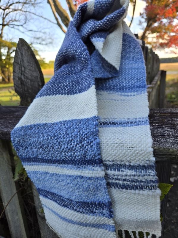 Handwoven merino wool scarf, hand spun yarn, blue indigo chambray to perfect to pair with your favorite jeans