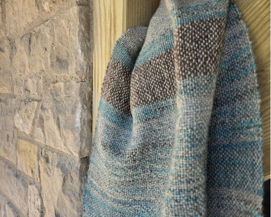 Handwoven wrap, shawl or lap blanket, from handspun wool yarns, pewter, grey and turquoise colors