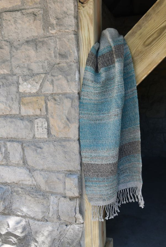 Handwoven lap blanket or wrap, from handspun wool yarns in pewter, grey and turquoise colors